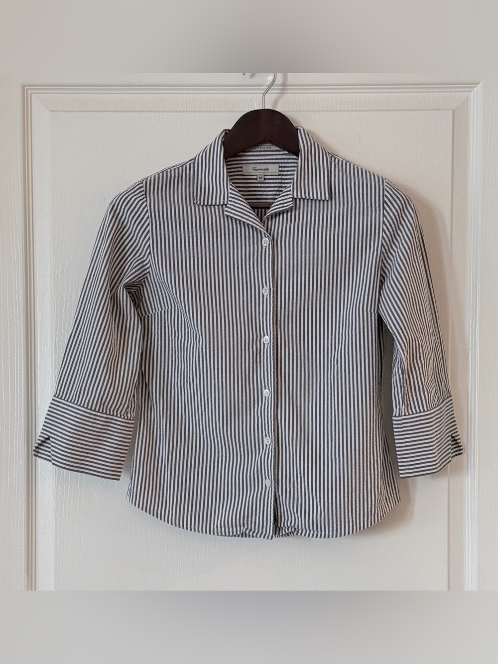 Faconnable Navy and White Striped Button-Up Shirt